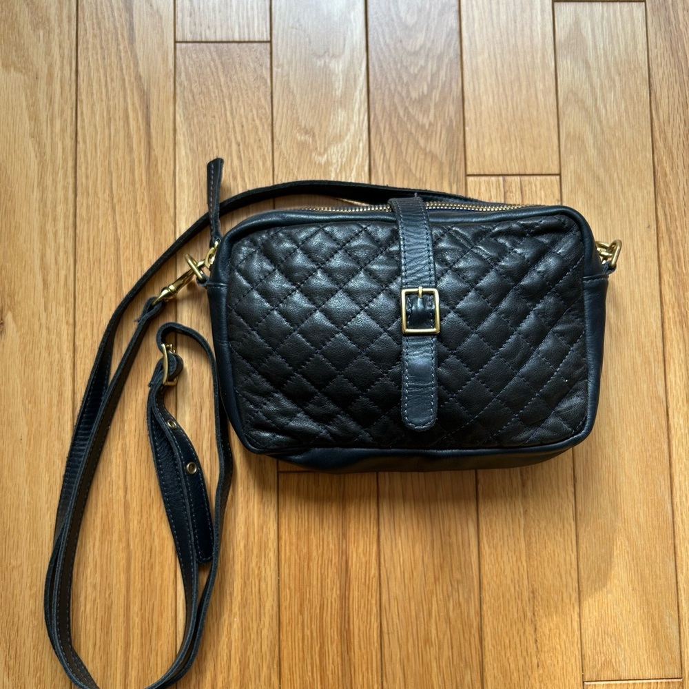 Elegant Navy Clare V Quilted Crossbody Bag with Gold Buckle and hardware